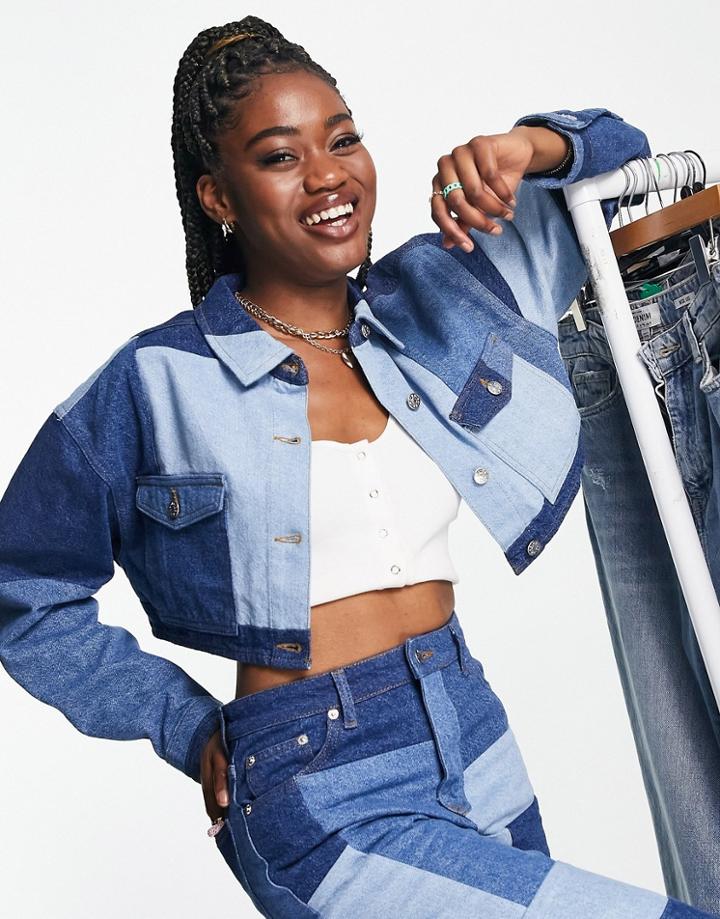 Na-kd Patchwork Cropped Denim Jacket In Blue - Part Of A Set