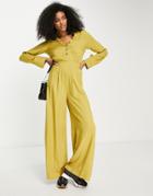 Asos Design Button Through Shirt Jumpsuit In Olive-green