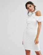 City Goddess Pencil Dress With Ruffle Detail - White