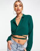 I Saw It First Cropped Tie Waist Blazer In Emerald Green - Part Of A Set