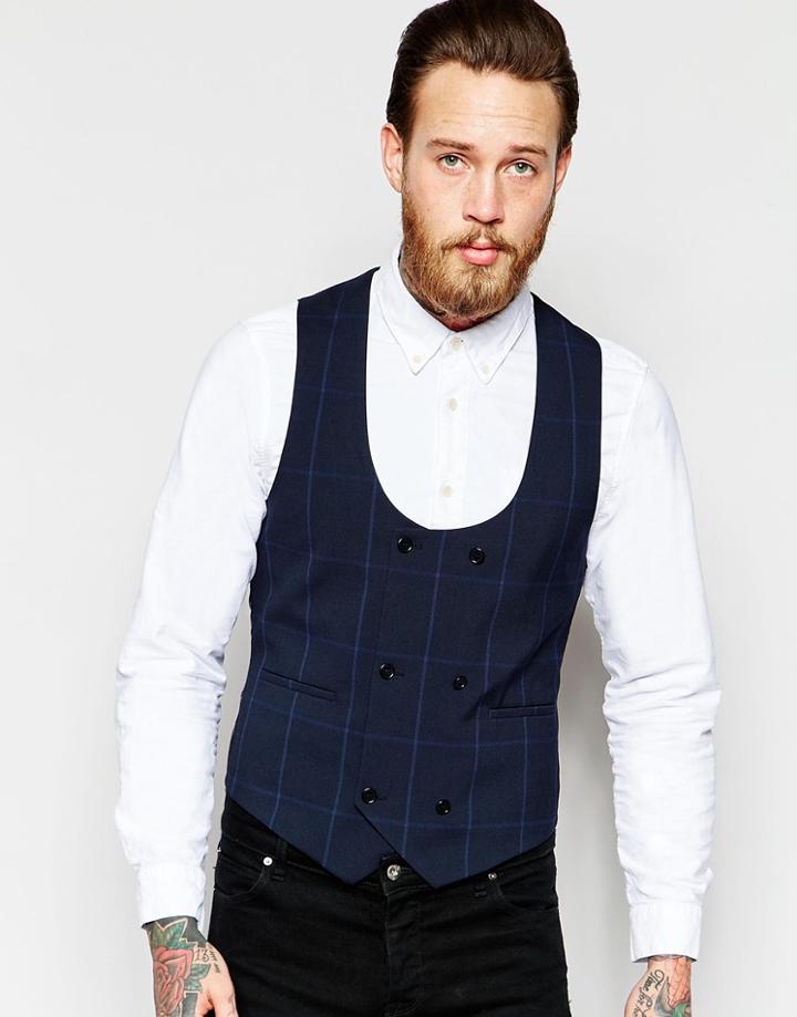 Asos Check Vest In Half Moon Shape - Navy