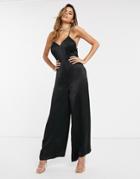 Asos Design Cami Strap Satin Jumpsuit With Plunge Front-black