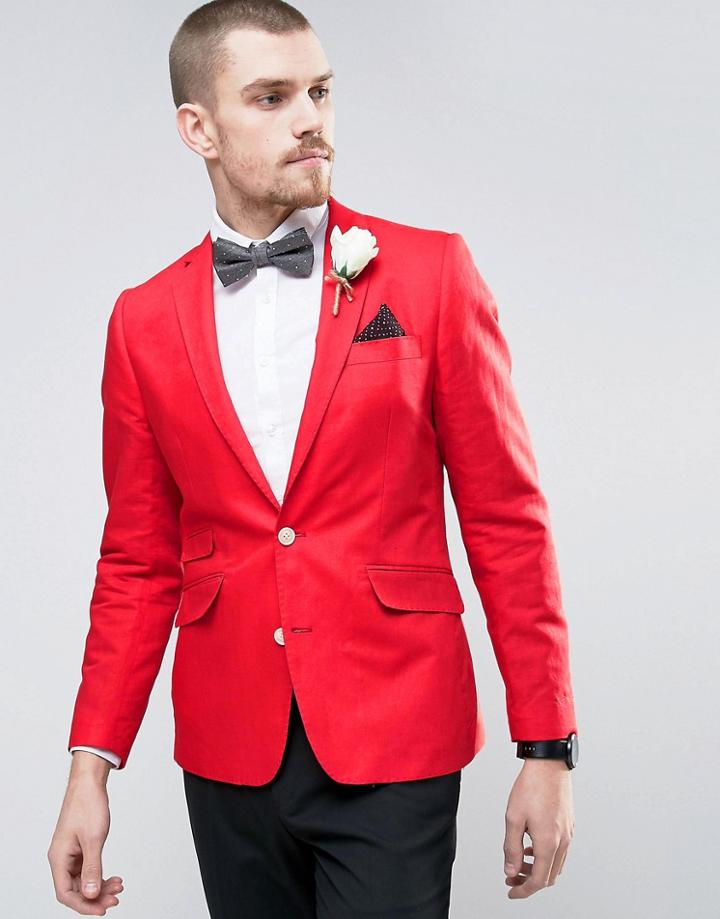 Gianni Feraud Wedding Linen Slim Fit Jacket With Cream Flower Lapel Pin - Red