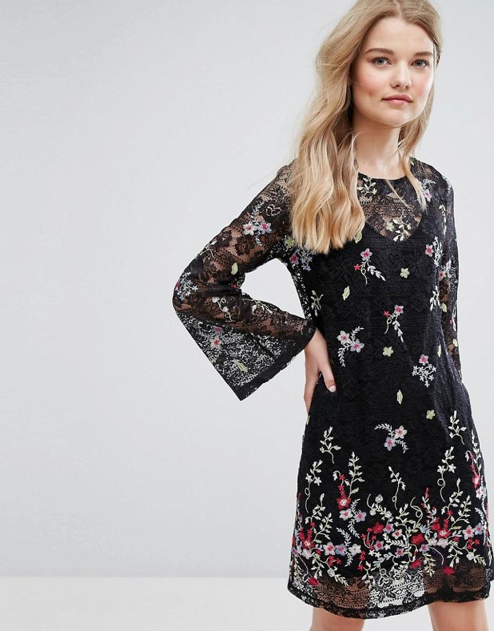 New Look Embrodiered Lace Skater Dress - Black