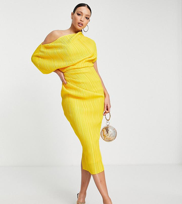 Asos Design Tall Fallen Shoulder Plisse Midi Dress In Lemon-multi