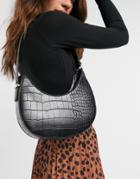 Asos Design Curved Shoulder Bag In Black Croc With Long Strap