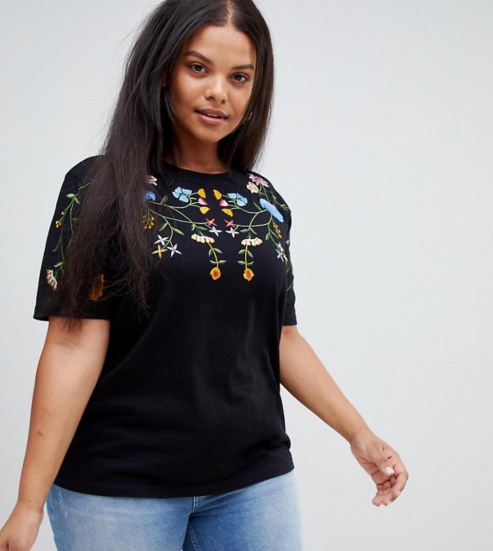 Asos Design Curve T-shirt With Bright Floral Embroidery - Black