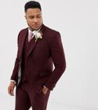 Asos Design Plus Wedding Skinny Suit Jacket In Burgundy Wool Mix Herringbone - Red