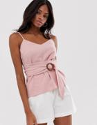 Asos Design Linen Cami With Wrap Around Waist And Buckle Detail - Pink