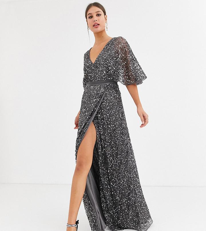 Maya Tall Bridesmaid Delicate Sequin Wrap Maxi Dress In Dark Gray-grey