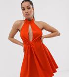 Asos Design Petite Halter Neck Plunge Mini Sundress With Twist Front In Texture-red