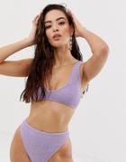 Asos Design Mix And Match Mix Crinkle V Front Crop Bikini Top In Shiny Lilac - Purple