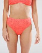 Asos Diamond Textured High Leg Bikini Bottom - Coral