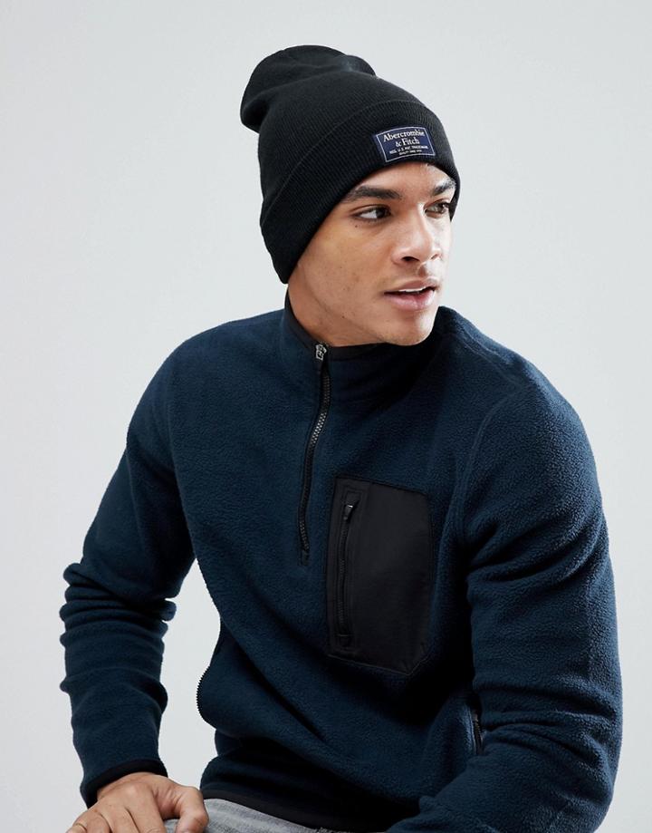 Abercrombie & Fitch Logo Label Turn Up Rib Beanie In Black - Black