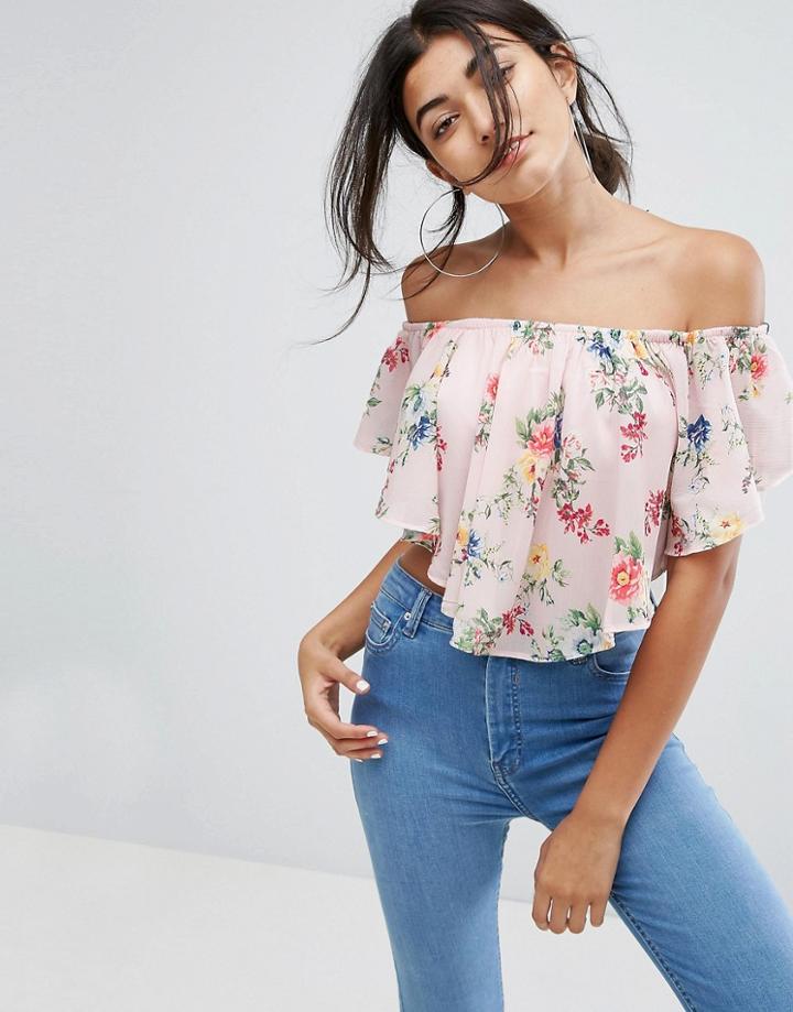 Bershka Floral Printed Off The Shoulder Top - Pink