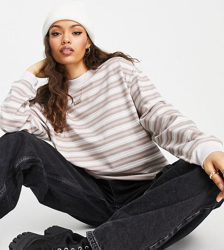 Topshop Petite Striped Long Sleeve Tee In Beige-green