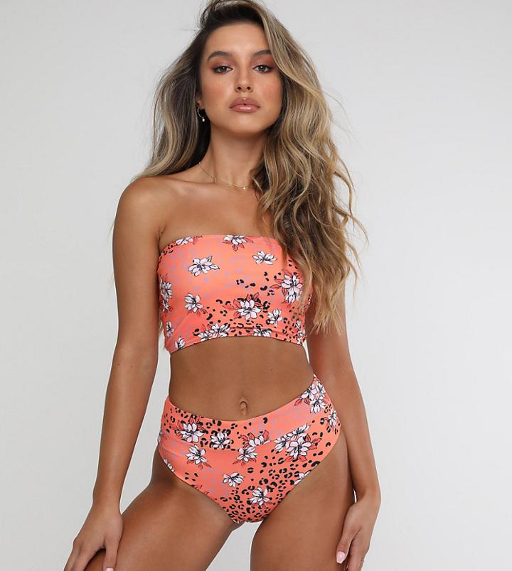 Kulani Kinis High Waist High Leg Bikini Bottom In Red Floral Animal Print-multi