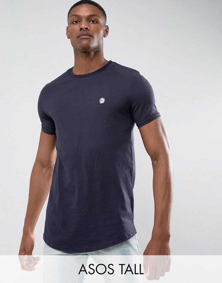 Le Breve Tall Logline Curved Hem Twill Shoulder T-shirt - Navy