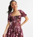 Asos Design Petite Square Neck Mini Dress With Tie Back In Rose Print-multi
