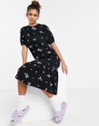 Asos Design Embroidered Midi Puff Sleeve Dress In Black
