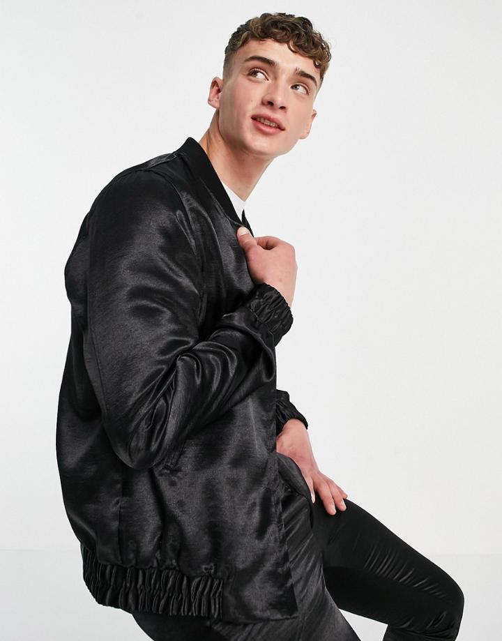 Asos Design Coordinating Smart Satin Bomber Jacket In Black