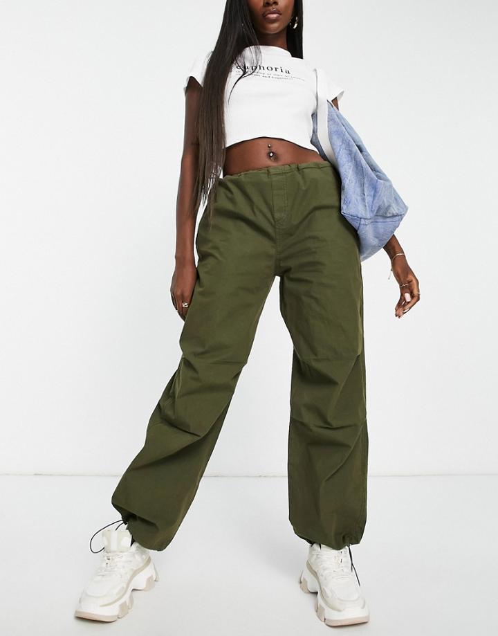 Stradivarius Str Parachute Pants With Toggle In Khaki-green