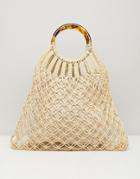 Asos Design Tort Handle Macrame Shopper Bag-brown