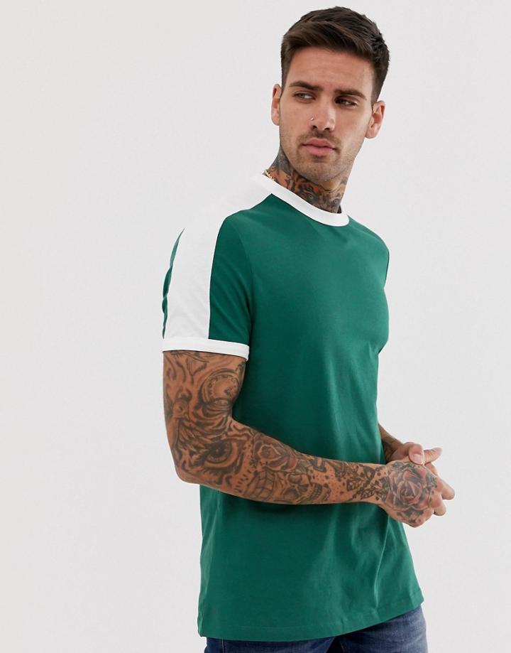 Asos Design Organic T-shirt With Contrast Shoulder Panel In Green - Green