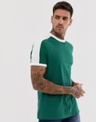 Asos Design Organic T-shirt With Contrast Shoulder Panel In Green - Green