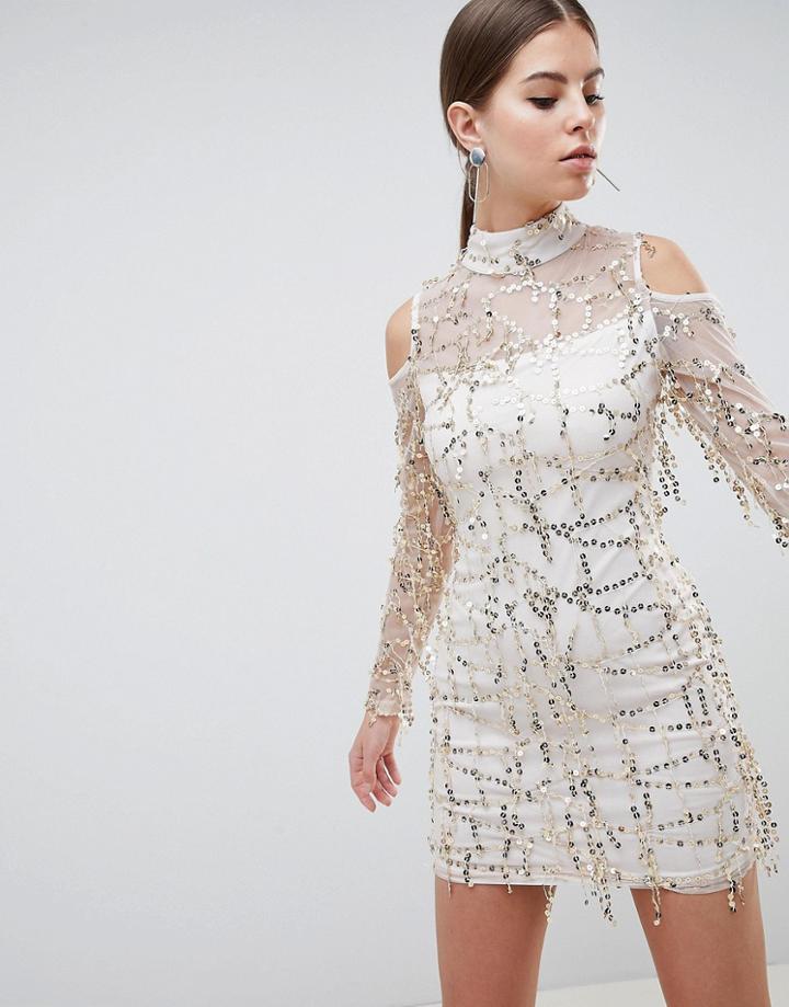 Ax Paris High Neck Long Sleeve Dress With All Over Embellishement-pink