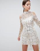 Ax Paris High Neck Long Sleeve Dress With All Over Embellishement-pink