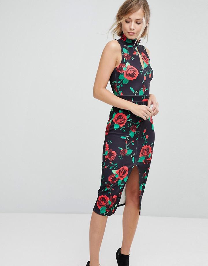 Silver Bloom Printed High Neck Midi Dress - Multi