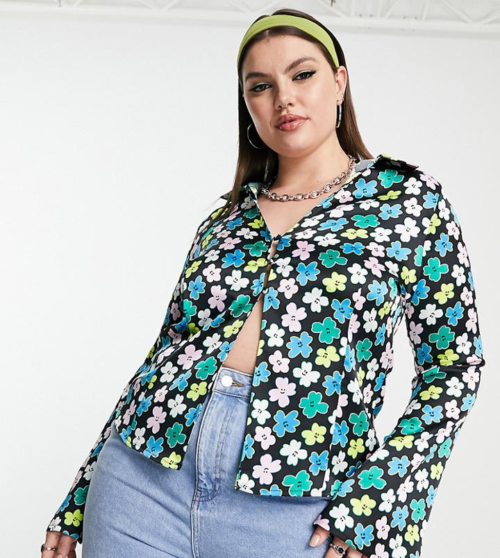 Collusion Plus Satin Fluted Sleeve Open Shirt In Floral Print - Part Of A Set-multi