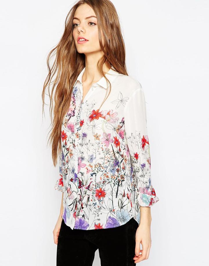 Asos Water Color Floral Border Print Blouse - Multi