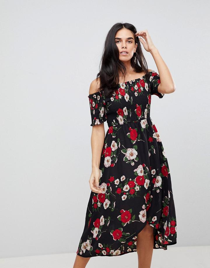 Ax Paris Ruched Off Shoulder Floral Midi Dress - Black