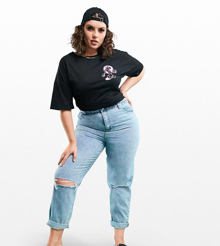 Asos Design Curve High Rise 'original' Mom Jeans In Lightwash With Rips-blues