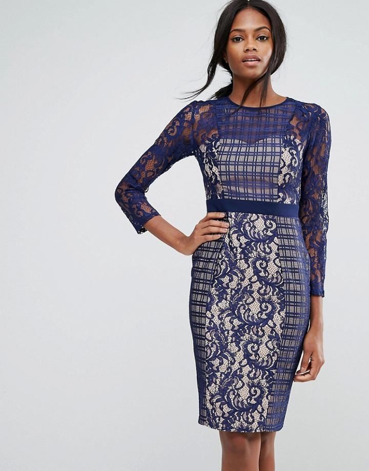 Little Mistress 3/4 Sleeve Contrast Lace Shift Dress - Navy