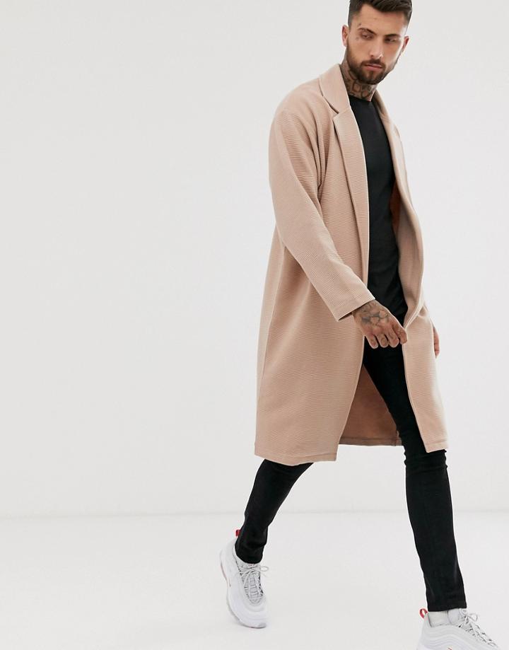 Asos Design Oversized Jersey Duster Jacket In Beige Ribbed Fabric