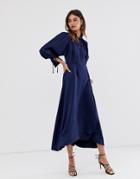 Asos White Tie Detail Long Sleeve Midi Dress-multi
