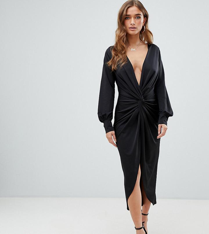 Boohoo Petite Slinky Twist Midi Dress In Black - Black