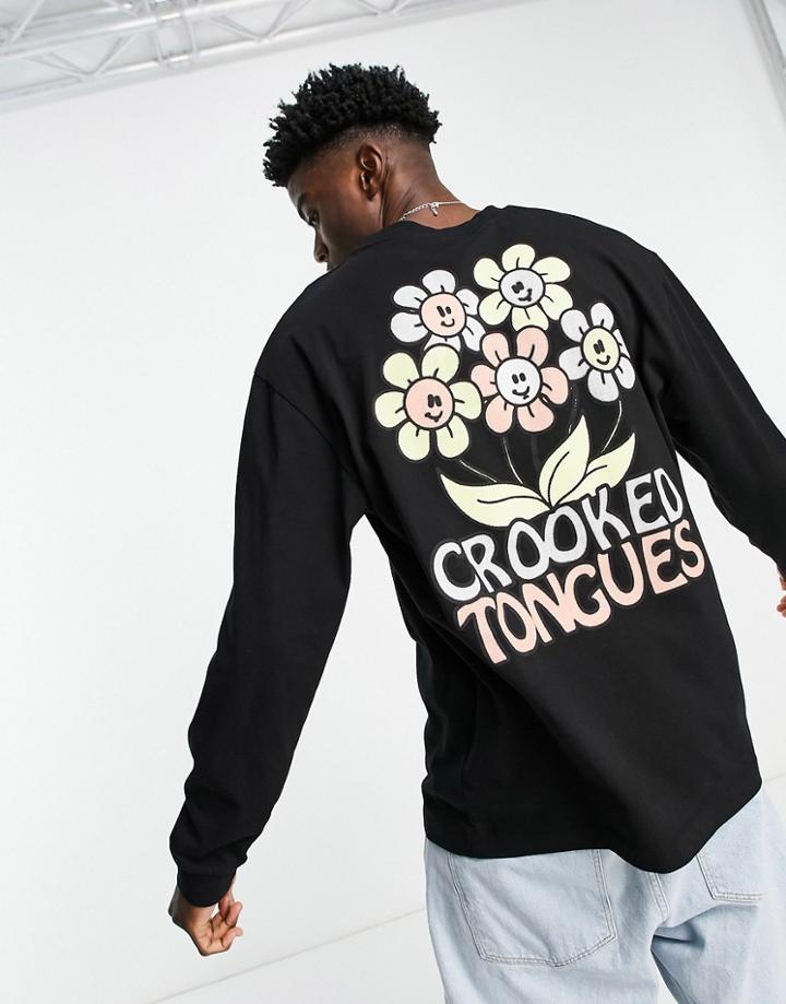 Crooked Tongues Long Sleeve T-shirt With Flower Print In Black