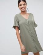 Prettylittlething Button Front Ruffle Sleeve Shift Dress - Green