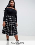 Asos Design Curve Midi Skirt With Box Pleats In Grid Print - Multi