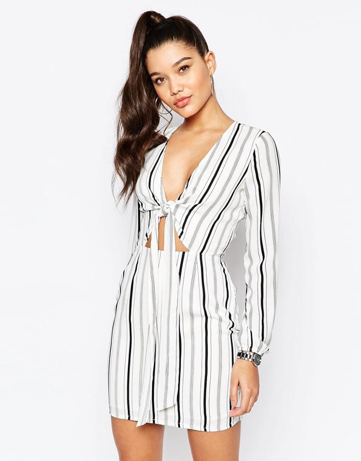 Missguided Tie Front Cut Out Stripe Dress - Stripe