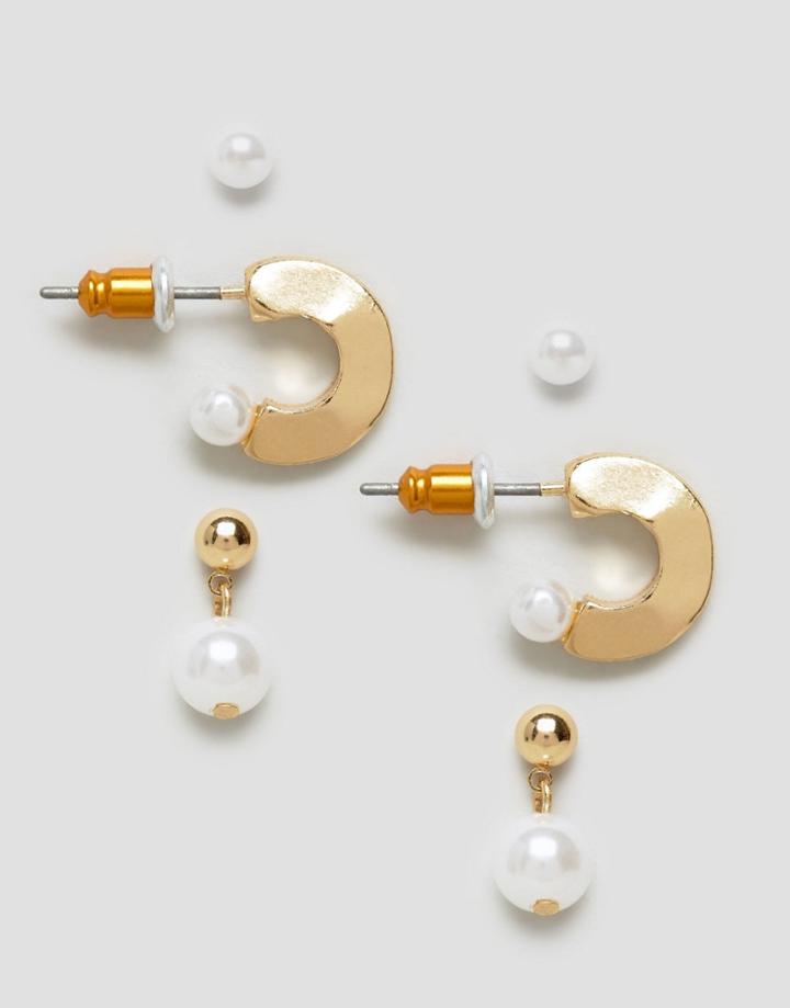 Asos Pack Of 3 Pearl Hoop And Stud Earrings - Gold