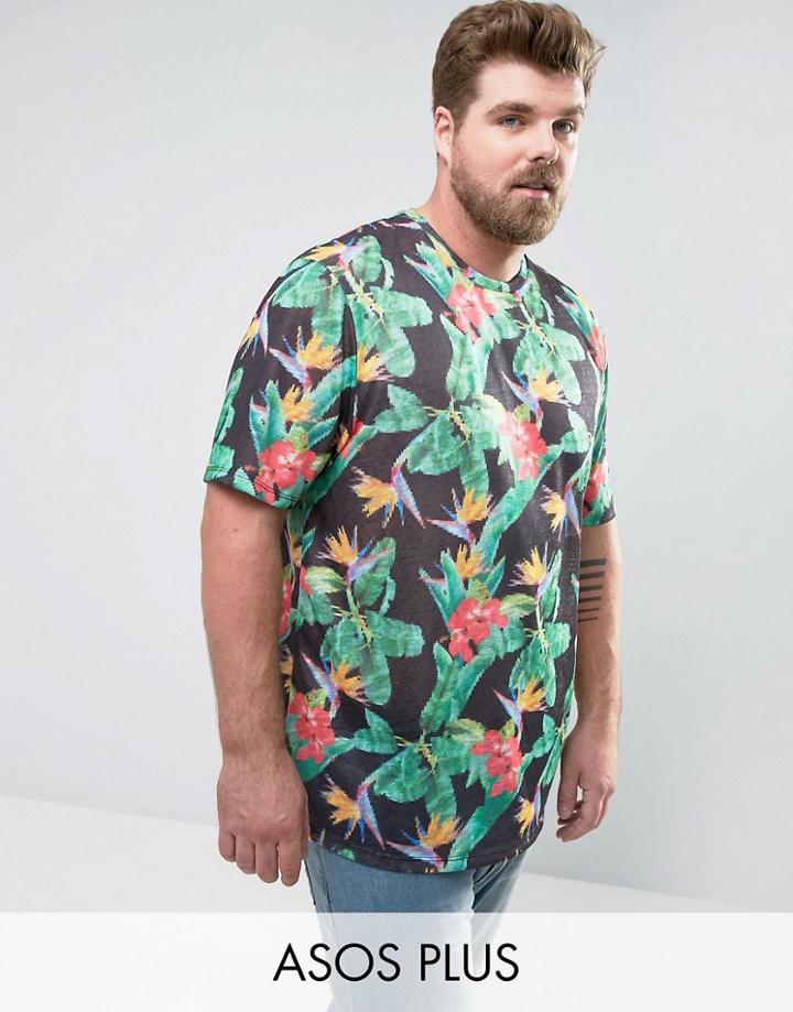 Asos Plus Longline T-shirt In Linen Look Fabric With Digital Floral Print - Black