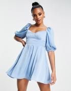 Parallel Lines Short Sleeve Skater Dress In Blue-white