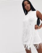Asos Design Mini Drape Fringe Shift Dress-white