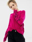 Brave Soul Bloom Sweater With Embroidered Sleeves - Black