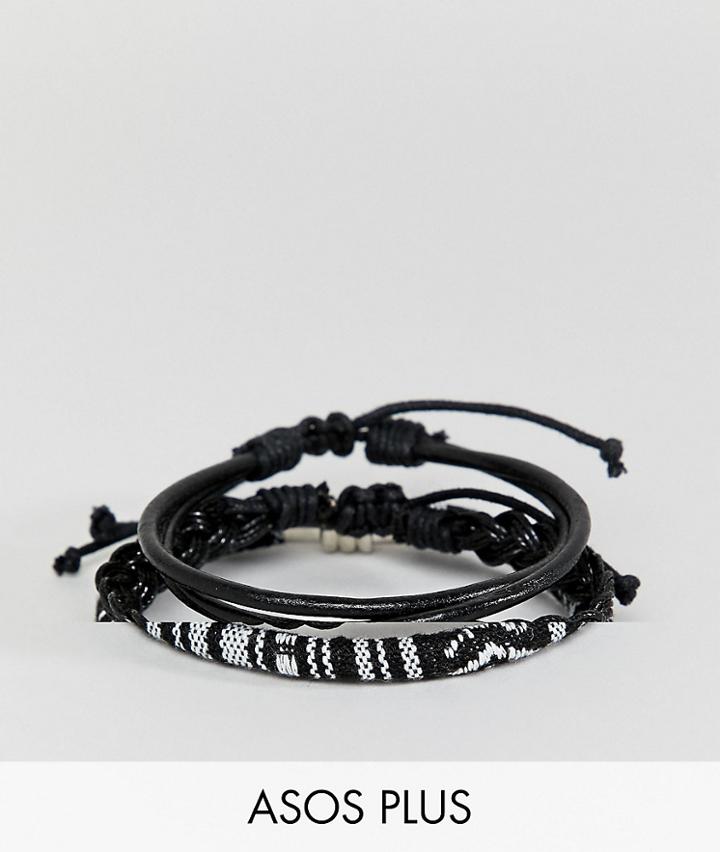 Asos Design Plus Leather And Woven Bracelet Pack In Monochrome - Black